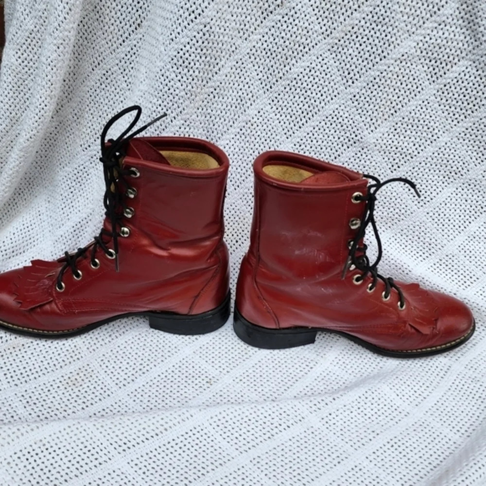 Laredo Red Leather Kiltie Ankle Boots Womens Size 6.5 Lace Up Western Retro Stat - Picture 3 of 16
